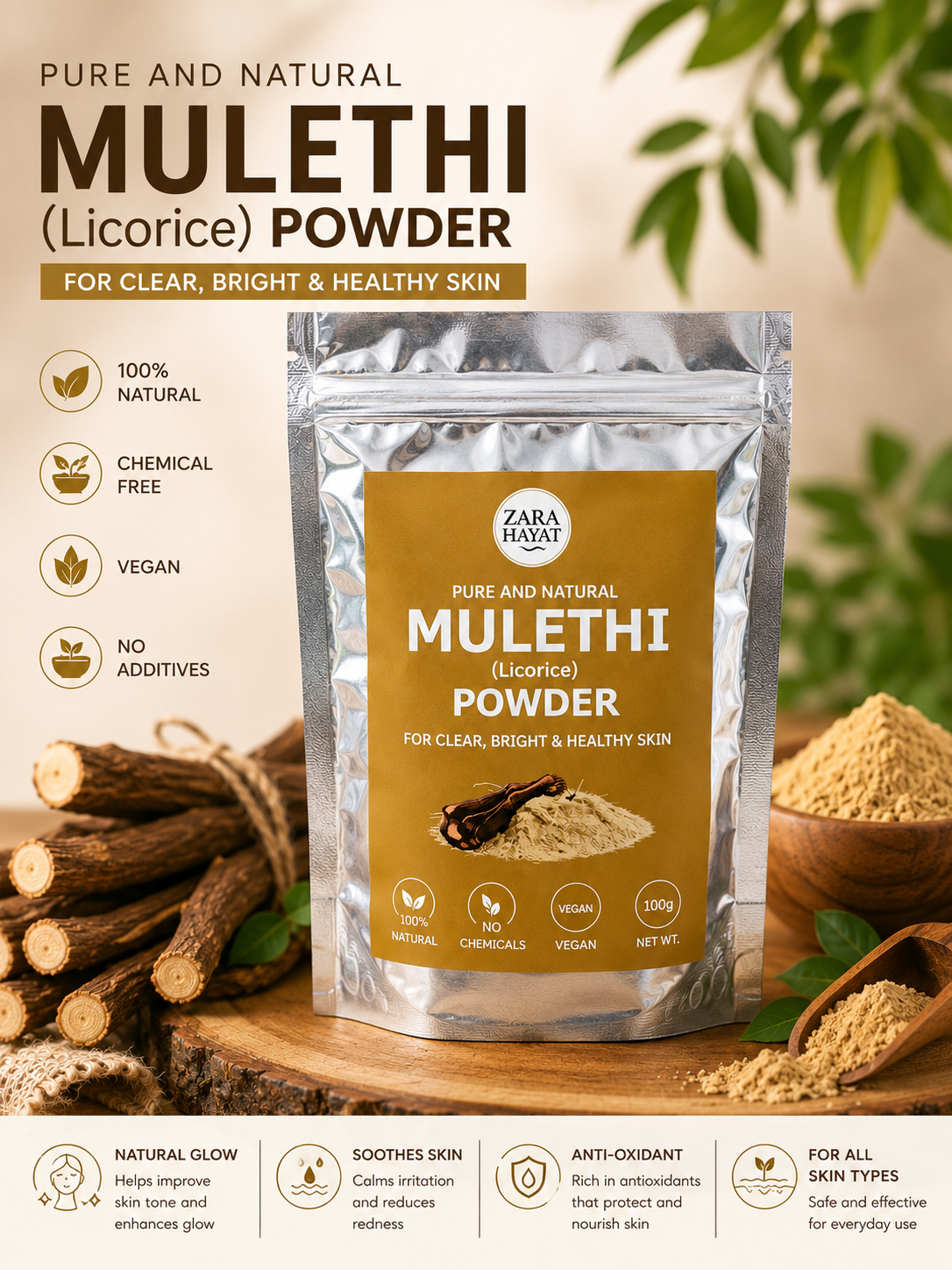 ZARA HAYAT Mulethi (Licorice) Powder 100g – 100% Pure & Natural