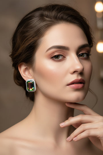 Rainbow Crystal Emerald Cut Stud Earrings