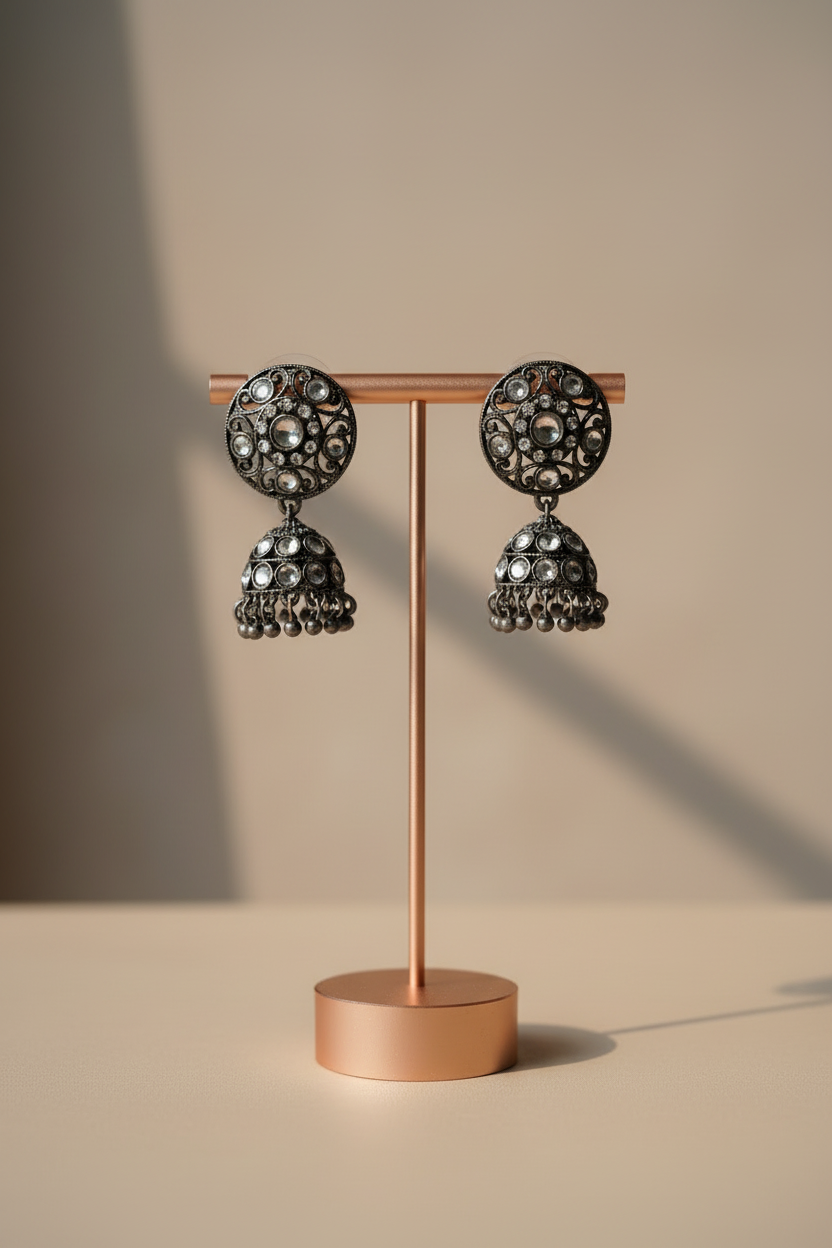 Oxidized Mirror Work Jhumka Earrings combo