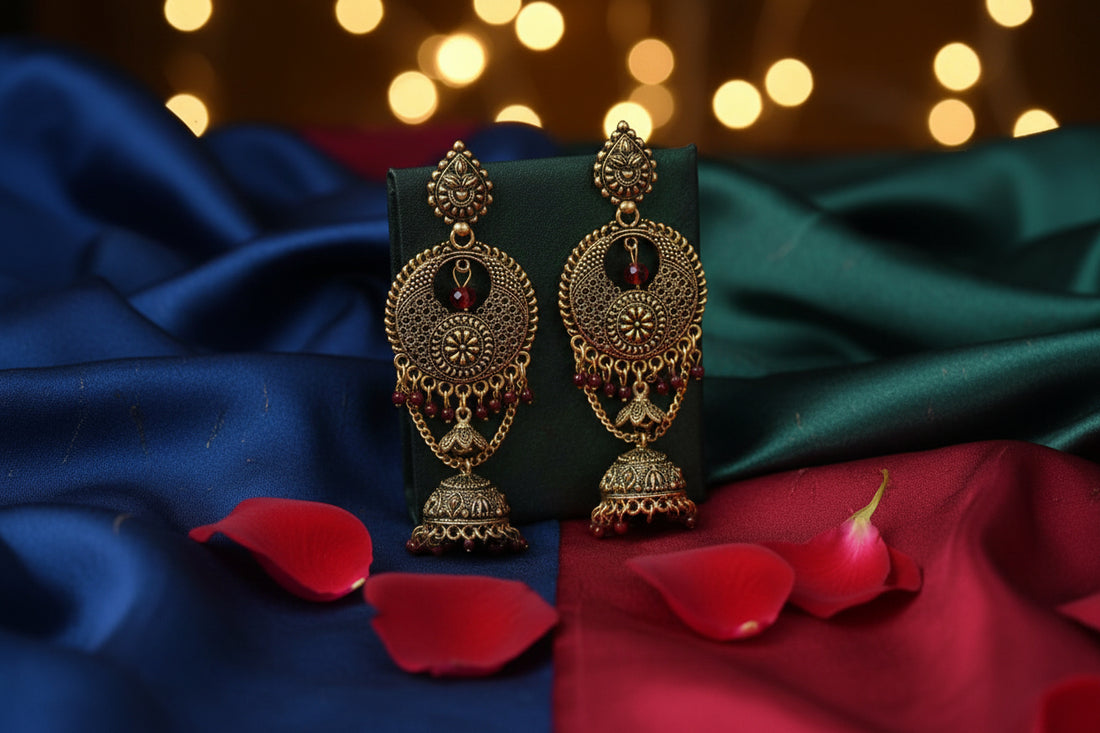 Royal Antique Jhumka Drop Earrings (Maroon Stone Work)