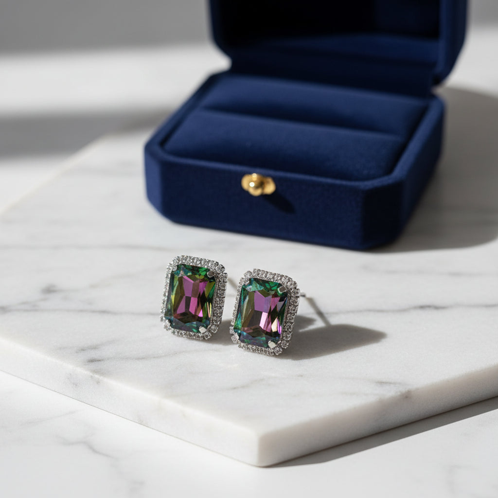 Rainbow Crystal Emerald Cut Stud Earrings