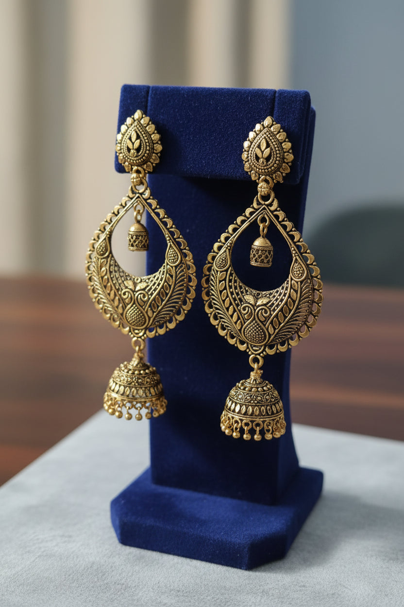 Gold Oxidized Chandbali Jhumka Earrings