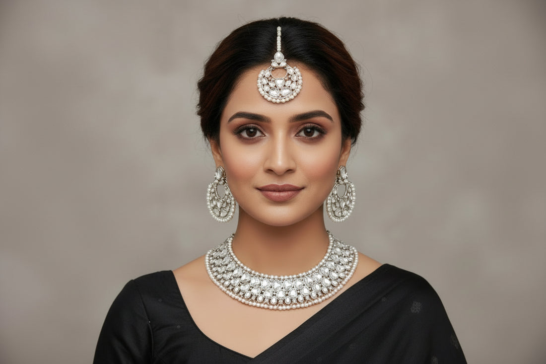 Silver Pearl Choker Necklace Set