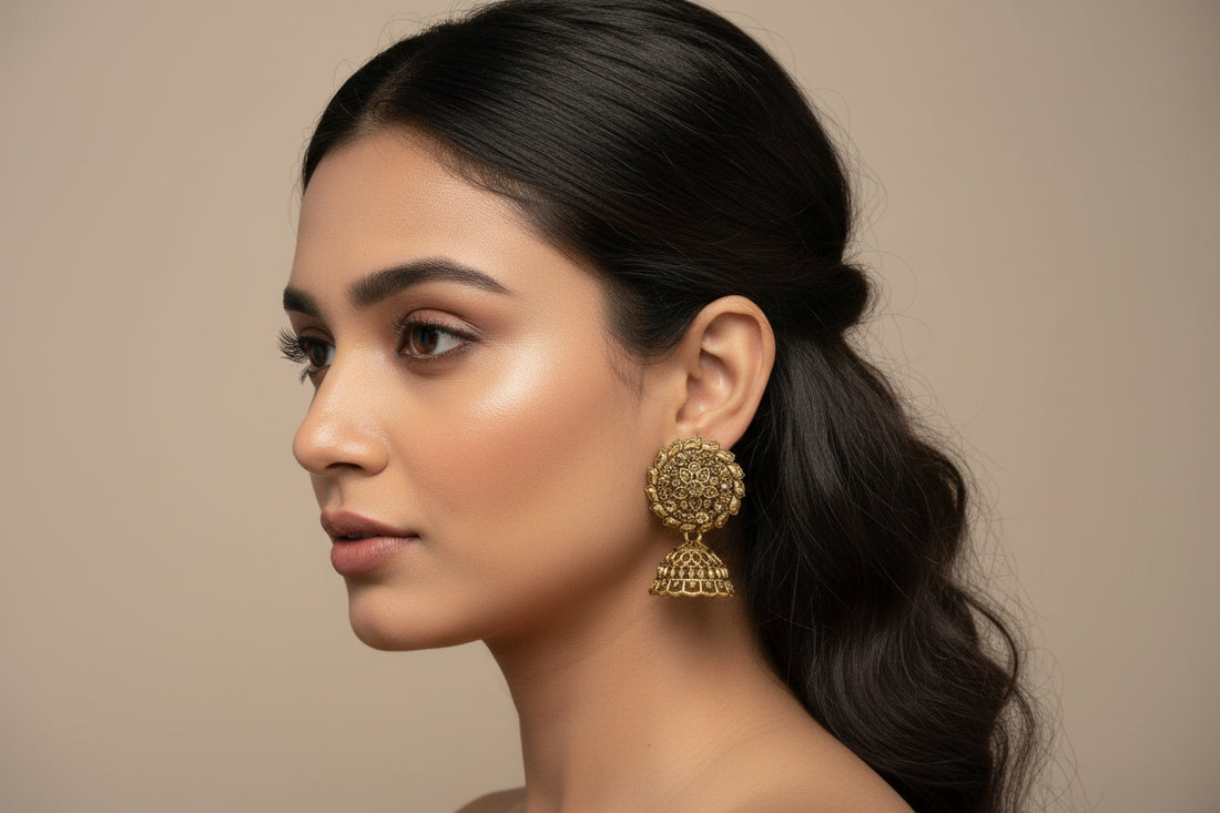 Royal Antique Gold Floral Jhumka Earrings ✨