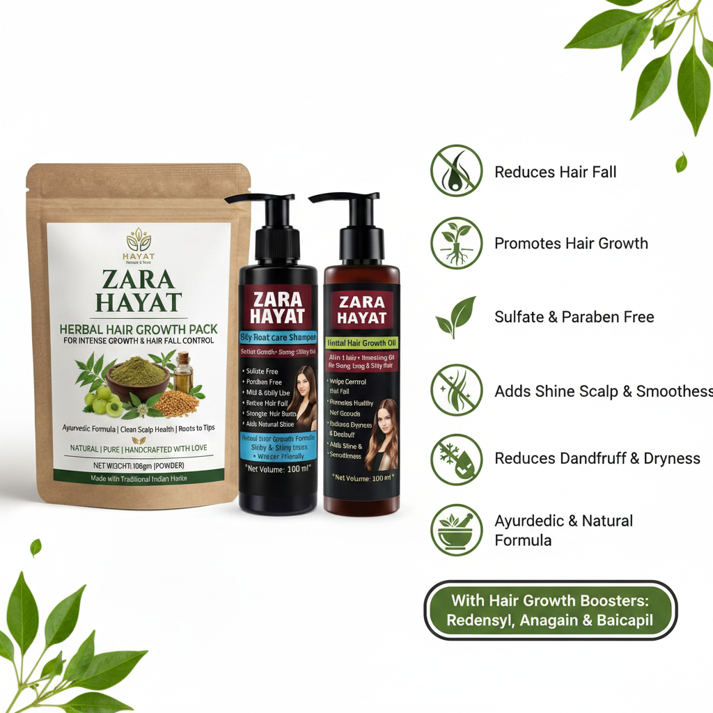 ZARA HAYAT Hair Growth Kit – Ayurvedic Hair Fall Control Pack with Herbal Hair Oil & Silky Root Care Shampoo